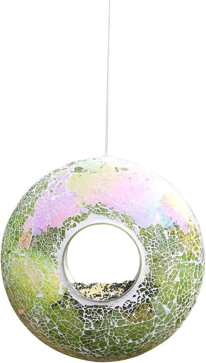 DUSVALLY 9" H Round Fly Through Bird Feeder for Wild Bird Seeds, Crackled Glass Mosaic Outdoor Hanging Feeder for Decorative in Outdoor Garden & Yard, Attracting Wild Birds, Green