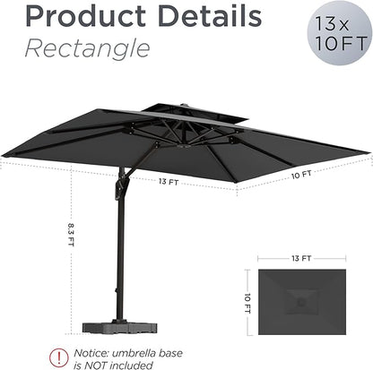 10' X 13' Patio Umbrella Outdoor Large Rectangle Offset Cantilever Umbrellas Double Top Heavy Duty Windproof with 360-degree Rotation for Pool Garden Deck