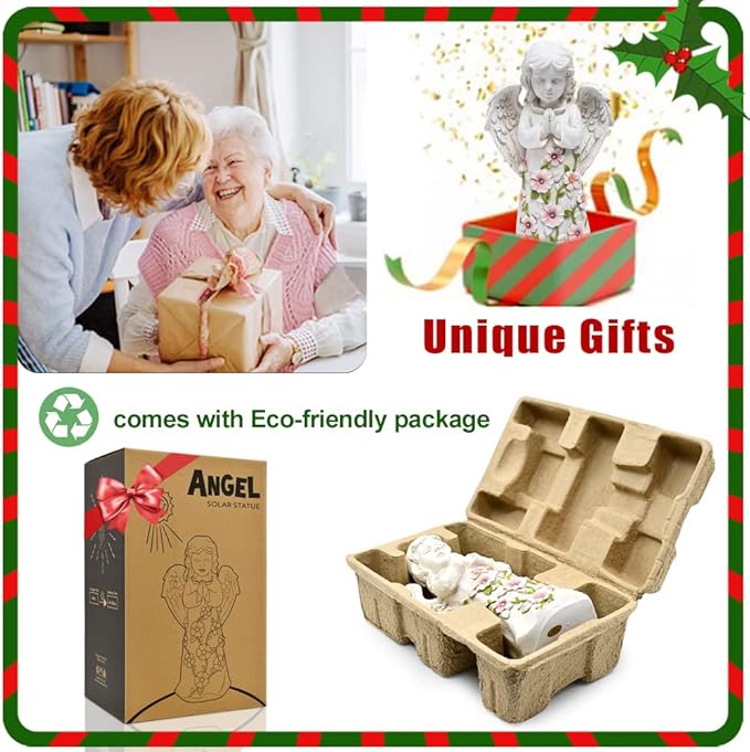 Nacome Garden Outdoor Statues Angel with Succulent and 7 LED Lights – Lawn Decor for Patio, Balcony, Yard Ornament - Unique Housewarming Gifts