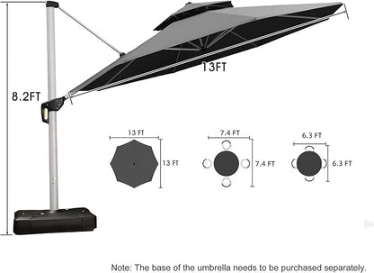 PURPLE LEAF 13 Feet Double Top Round Deluxe Patio Umbrella Offset Hanging Umbrella Outdoor Market Umbrella Garden Umbrella, Grey