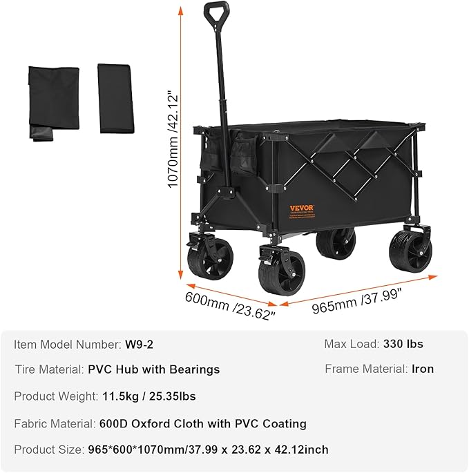 VEVOR 220L/350lbs Collapsible Folding Wagon, Heavy Duty Beach Cart Foldable with Big Wheels, Outdoor Utility Wagon All Terrain Wagon for Groceries Camping