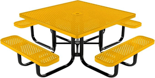 COATEDOUTDOORFURNITURE Heavy-Duty Portable Outdoor Kids Table with Umbrella Hole, Punched Steel Kids Picnic Table, Commercial-Grade, Made in America (46 in, Square, Childrens, Textured Yellow)