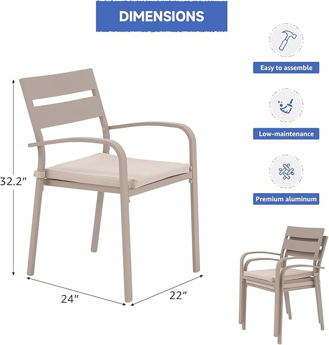 Soleil Jardin Outdoor Aluminum 2-Piece Patio Dining Chairs with Cushions, Stackable Bistro Chairs for Balcony, Garden, Backyard, Flaxen Finish & Beige Cushion