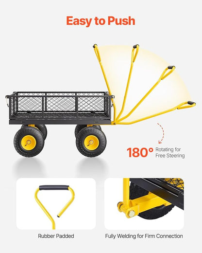 VEVOR 500 Lbs Steel Garden Cart, Heavy Duty Garden Wagon Cart Pullable on Wheels, Metal Yard Utility Wagon Carts with 10" All Terrain Tires, Mesh Removable Sides and 180°Rotating Handle