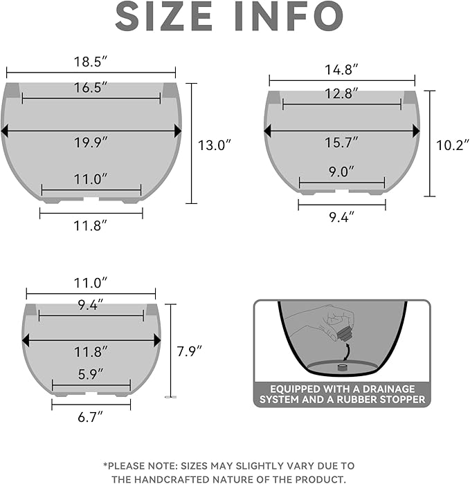 Kante 19.9",15.7",11.8" Dia Round Concrete Planter Set of 3, Outdoor/Indoor Large Bowl Plant Pots with Drainage Hole and Rubber Plug for Garden Patio Balcony Home, Weathered Concrete