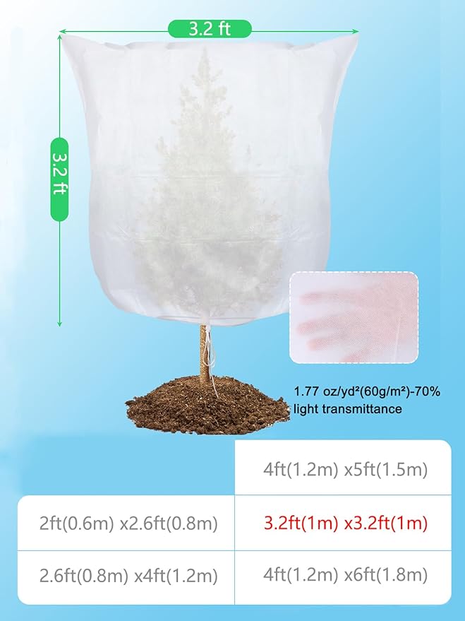 Abimars Plant Covers Freeze Protection Jacket 1.77 oz/yd², 3.2ft x 3.2ft Reusable Winter Plant Covers with Drawstring & Zipper, 2 Pack Light, Porous Fabric for Plant Breathing
