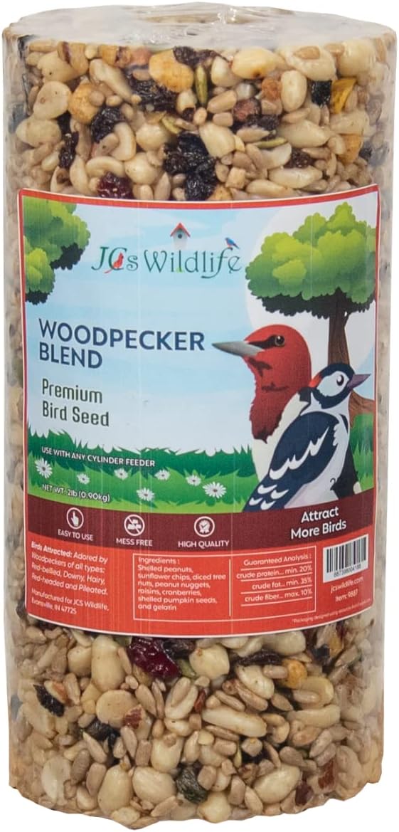 JCs Wildlife Woodpecker Blend Premium Bird Seed 2 lb Small Cylinder with Hole (4 Cylinders)