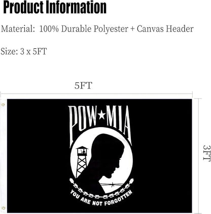 Pow Mia Flag 3x5 Ft Outdoor Heavy Duty Polyester Military Pow FlagsDouble Sided 3 Ply Banner 200D with Durable Canvas Header and 2 Brass Grommets Powmia Banner- You are Not Forgotten War Flags