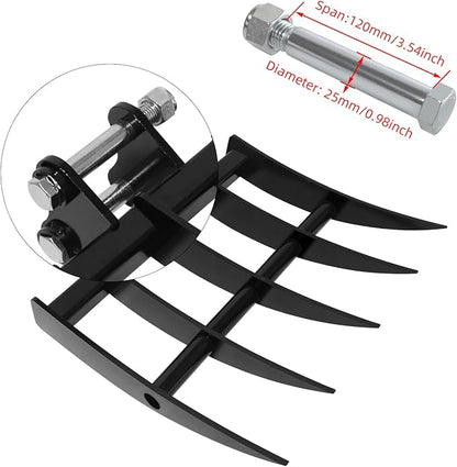 Mini Excavator Attachment Rake，Small Diggers Metal Backhoe Rake，3.54" Span, 0.98" Pin Hole，Includes 2 Link Pins，Fit for Mini Excavator