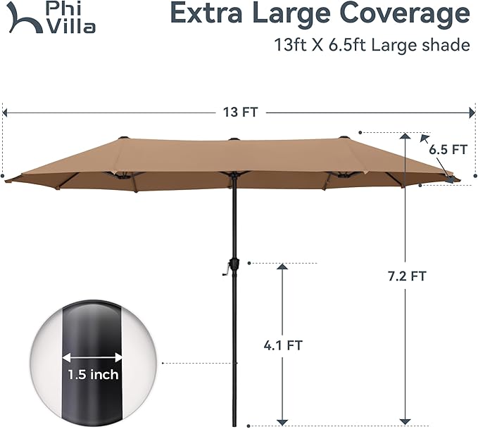 PHI VILLA 13ft Large Patio Umbrellas, Double-Sided Outdoor Market Rectangle Umbrella for Outside, Maillard Brown