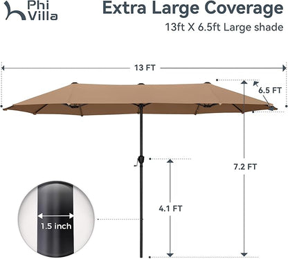PHI VILLA 13ft Large Patio Umbrellas, Double-Sided Outdoor Market Rectangle Umbrella for Outside, Maillard Brown