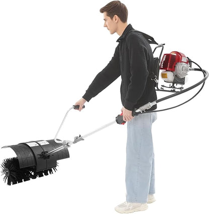 52CC 2 Stroke Gas Backpack Broom Sweeper, 2.3HP Artificial Grass Brush Gasoline Powered Broom, 1700W Outdoor Portable Lawn Sweeper Machine for Cleaning up Boulevard, Driveway, Lawn, Walkway