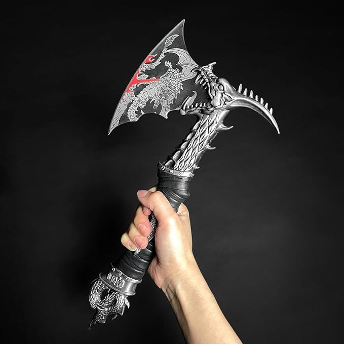 14.5" Fantasy Dragon Axe Wtih Wood Stand, Gift for Xmas, Home Tabletop Decoration
