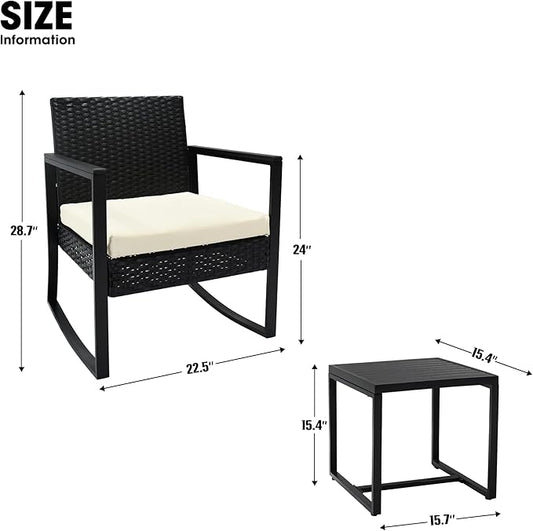3 Pieces Outdoor Patio Set -Wicker Rattan Chair Conversation Set with Glass Table for Poolside Yard Rocking Chair Set for Bistro Garden Front Porch All Weather Patio Furniture Set