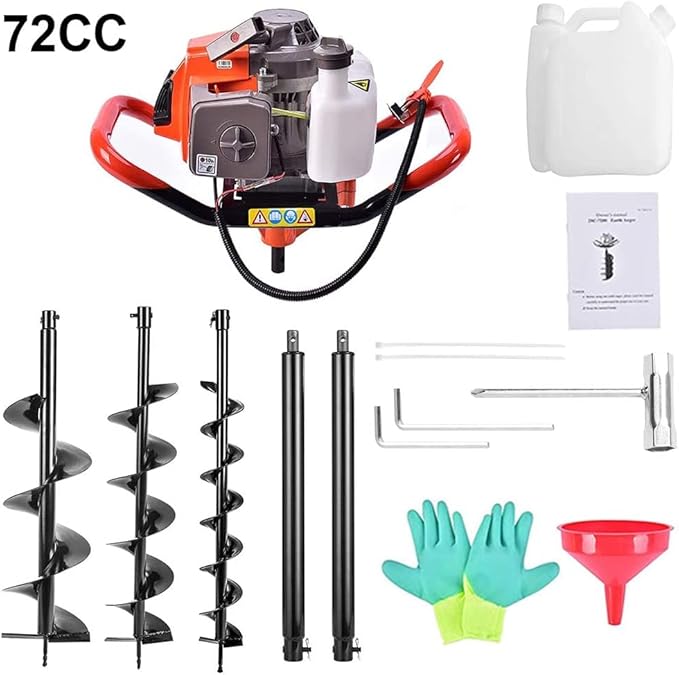 72cc Post Hole Digger 2-Stroke Petrol Gas Powered Earth Digger with 2 Extension Rods + 3 Auger Drill Bits (4" 8" & 12") for Farm Garden Plant