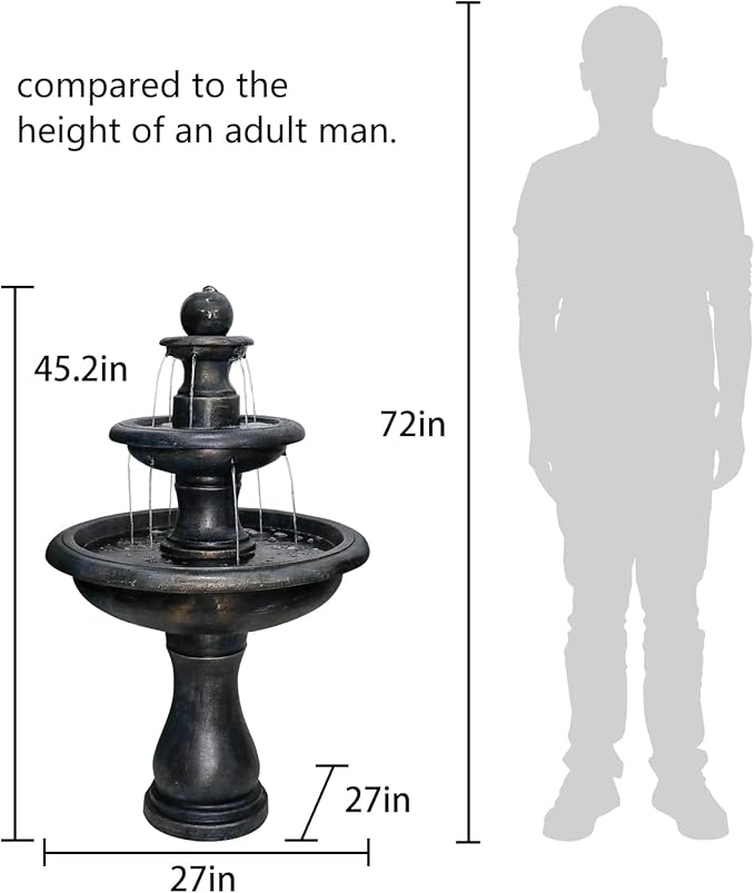 45.2” H Outdoor Floor Water Fountain, 3-Tiers Concrete Water Fountain with Submersible Electric Pump - Garden Cascading Waterfall for Yard Patio Lawn Home Decor