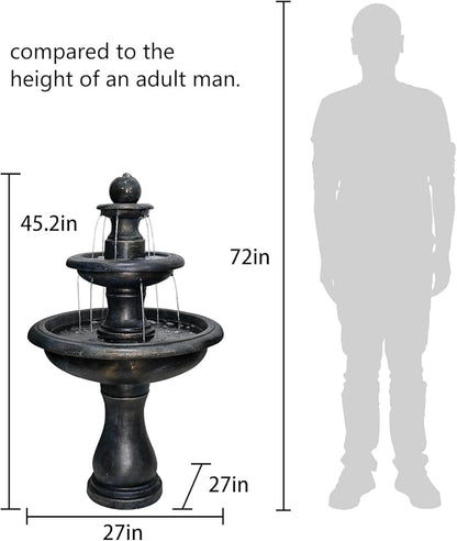 45.2” H Outdoor Floor Water Fountain, 3-Tiers Concrete Water Fountain with Submersible Electric Pump - Garden Cascading Waterfall for Yard Patio Lawn Home Decor