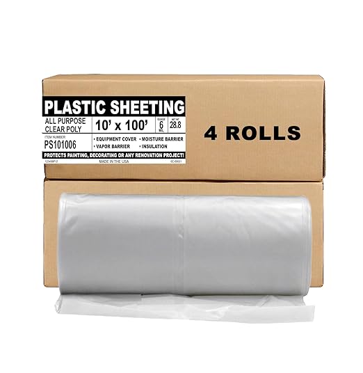 Aluf Plastic Sheeting - 4 Rolls of 10' x 100', 6 MIL Heavy Duty Gauge - Clear Vapor and Moisture Barrier Sheet Tarp/Drop Cloth for Painting, Furniture Covers, Carpet Cover, Floor, Paint, Painters
