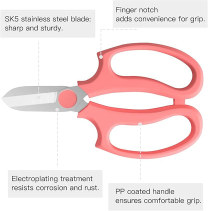 Housolution Flower Scissors, Strong Floral Shears,3PCS Premium Steel Garden Pruning Shears Floral Fruits Leaf Scissors Hand Pruner Snip Trimming Tool for Gardening Flower Arrangement, Pink
