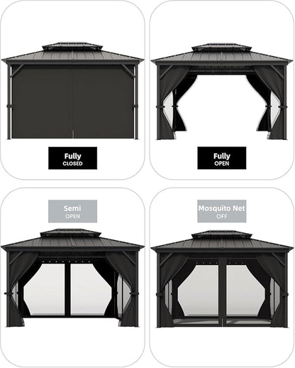 GAOMON Hardtop Gazebo 10'x12' for All Weather, with Double Metal Roof, Aluminum Alloy Frame, Net, and Curtain, Permanent Building of Backyard Luxury for Patio, Deck, Backyard, Lawn, and Garden, Gray