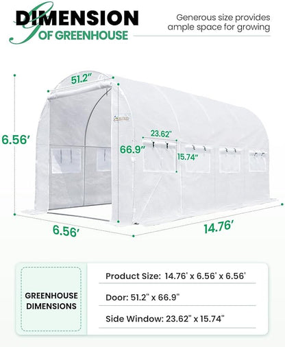 KING BIRD Premium 15x6.6x6.6FT Greenhouse for Outdoors, Large Walk-in Heavy Duty Galvanized Steel Frame, Mesh Door Screen Window Tunnel Hoop Garden Plant Winter Hot House, with Watering Kits, White