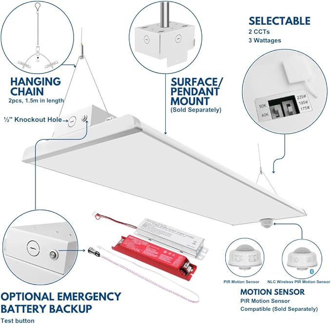 Konlite ALTA LED High Bay Light - 4FT - 225W/195W/175W - 37,600 Lumens - 5000K/4000K Selectable - 120-277V - 600W Metal Halide Equal