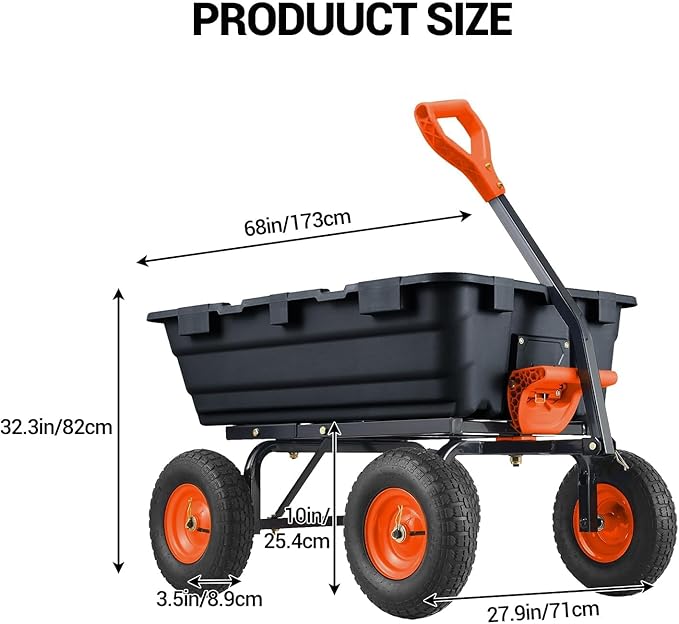 800Lb Heavy-Duty Poly Dump Garden Cart with Steel Frame, Utility Wagon with 10" Tires & Quick-Tilt System for Yard, Beach & Landscaping, Black