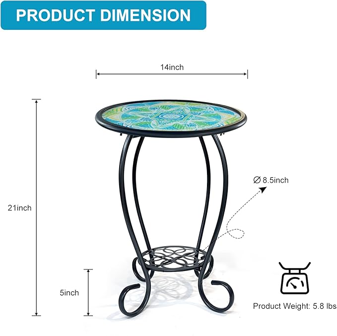 HONGLAND Mosaic Outdoor Side Table, 14" Round Patio Side Table, Mosaic Plant Stand, End Table W/Storage Shelf, Small Bistro Coffee Table for Garden Yard Porch Living Room(Green)