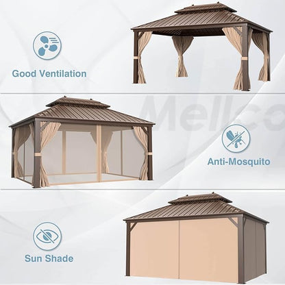 MELLCOM 10'x13' Hardtop Gazebo, Galvanized Steel Double Roof Metal Canopy with Aluminum Frame, Brown Permanent Patio Gazebos with Curtains and Netting for Patios, Gardens, Lawns