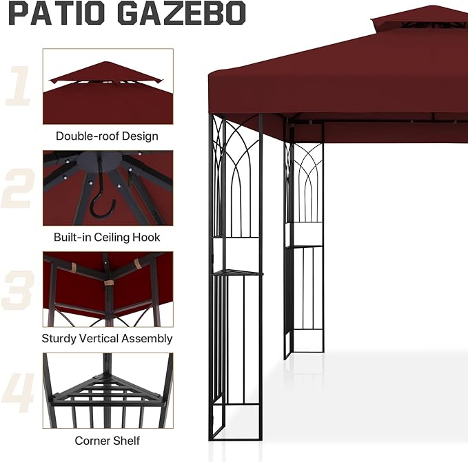 COOS BAY 8x8 Outdoor Patio Gazebo with Corner Shelves, Two-Tier Soft Top Canopy for Backyard, Lawn, Deck and Garden, Red