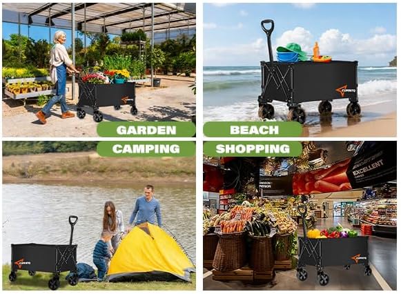 Collapsible Folding Wagon, 350lb Weight Capacity Collapsible Wagon with All-Terrain Wheels, Cup Holders and Adjustable Handle Utility Wagon, for Grocery Camping Garden Sports Shopping, Black