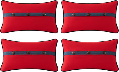 Outdoor Sunbrella Decorative Pillows with Triple Coconut Buttons Pack of 4, 20" x 12" Outdoor Pillow Set for Couch Bed Throw Patio Sofa, Canvas Logo Red/Specrtum Indigo