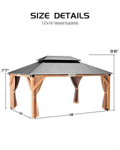 GAOMON Hardtop Spruce Wood Gazebo 12'x16', with Double Roof of Metal Sheets, 4.7'' Heavy Duty Poles, Net, and Curtain, Permanent Building for Patio, Deck, Backyard, Lawn, and Garden, Khaki