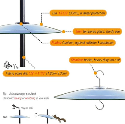 13" Glass Rain Cover for Bird Feeders Outdoors - Baffle on Shepherd Pole/Post or S Hooks Hanging - Large Weather Guard Protective Dome - Clear x 2PC (Dia. 33CM)