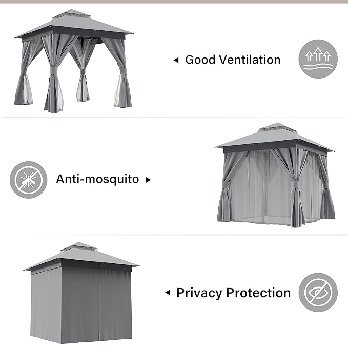 LAUSAINT HOME Outdoor Patio Gazebo 8'x8' with Expansion Bolts, Heavy Duty Gazebos Shelter Party Tent with Double Roofs, Mosquito Nettings and Privacy Screens for Backyard, Garden, Lawn, Smoke Grey