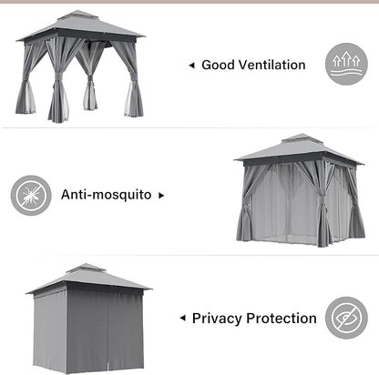 LAUSAINT HOME Outdoor Patio Gazebo 8'x8' with Expansion Bolts, Heavy Duty Gazebos Shelter Party Tent with Double Roofs, Mosquito Nettings and Privacy Screens for Backyard, Garden, Lawn, Smoke Grey