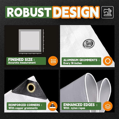 RAINDEWAY 12 Mil Heavy Duty White Tarp 20x30 Feet, UV Resistant, Waterproof, Weatherproof Poly Tarp with Metal Grommets and Reinforced Edges