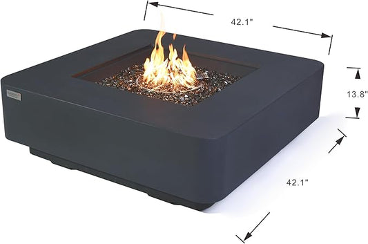 Elementi+ | Bundle Bergamo Gas Fire Pit Cast Concrete 42" Square Fire Table, Outdoor Fire Pit Electronic Ignition | Canvas Cover, Fire Glass and Burner Lid Included | Dark Gray | Natural Gas