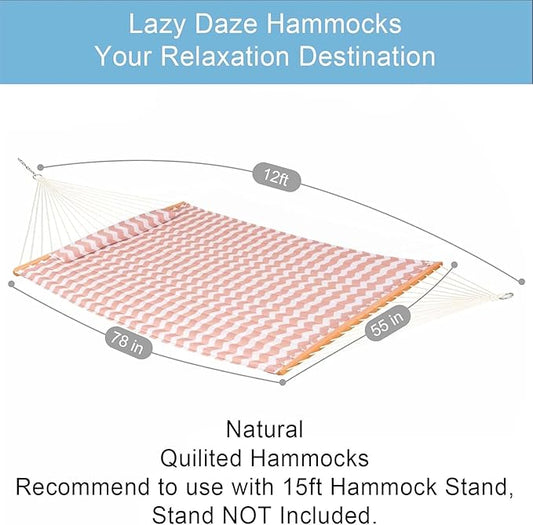 Lazy Daze Hammocks 12FT Quilted Fabric Double Hammock with Spreader Bars and Detachable Pillow, 2-Person for Patio, Poolside, Backyard, Beach - 450 lbs Capacity, Beige Wave
