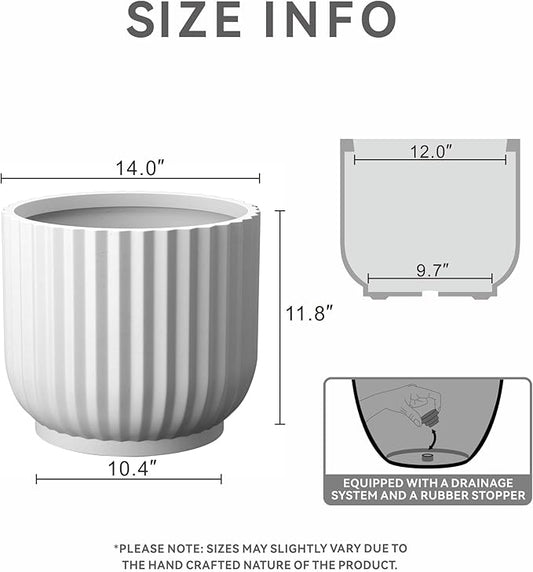 Kante Round Fulted Planter, 11 Inch Dia Large Concrete Plant Pots with Drainage Hole and Rubber Plug, Modern Decor for Indoor Outdoor Plants, Flower, White