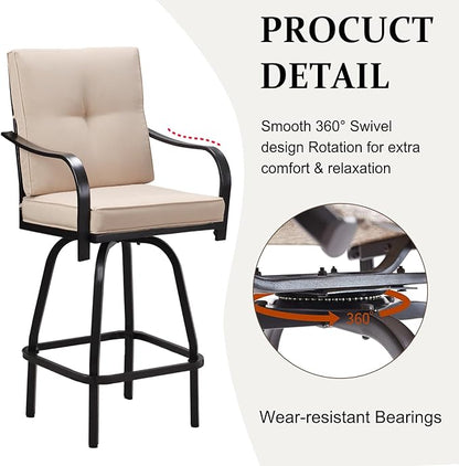 Patio Swivel Bar Stools, Outdoor High Back Swivel Bar Chair Set of 6 with Cushion & All Weather Steel Frame for Backyard, Lawn, Poolside and Balcony, Beige