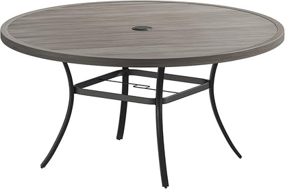 DIFY 60" Round Outdoor Patio Dining Table for 8-10, Metal Patio Table with 1.57" Adjustable Umbrella Hole, All-Weather Dining Furniture Table for Backyard Lawn Garden, Grey Wood-Like