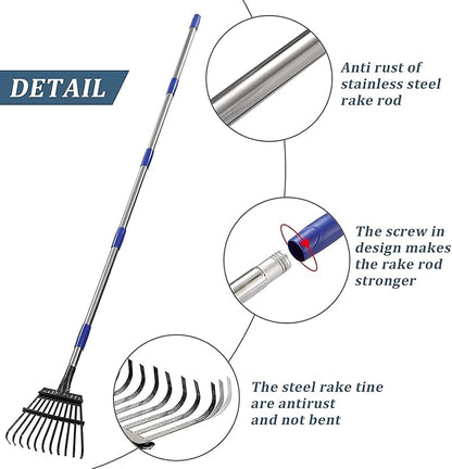 Garden Rake -Small Leaves Rakes for Gardening - 11 Metal Tines 8.5" Wide - 78" Long Handle Leaf Rakes for Lawns Heavy Duty for Yard Lawn Shrub Garden Beds