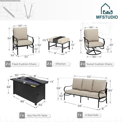 MFSTUDIO 8 Pieces Patio Furniture Sets with 45" Gas Fire Pit Table(Up to 9 Seat),Outdoor Metal Conversation Sofas with 1 x 3-Seat Sofa, 2 Single Chairs,2 Swivel Chairs and 2 Ottoman,Beige Cushion
