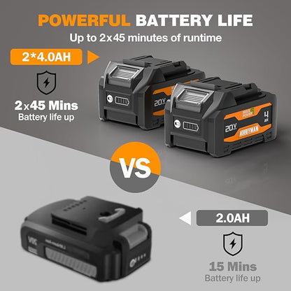 Alloyman 20V Cordless Tiller Cultivator, 360RPM Electric Garden Tiller, with 2 * 4.0Ah Batteries & Charger, 9In Tilling Width and 6.6In Depth Garden Rototiller for Lawn/Gardening/Soil Cultivation