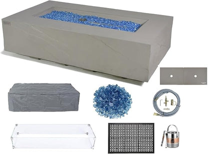 Elementi+ | Bundle Meteora Gas Fire Pit Cast Concrete 56" Rectangular Fire Table, Outdoor Fire Pit Electronic Ignition | Canvas Cover, Fire Glass and Burner Lid Included | Light Gray | Natural Gas