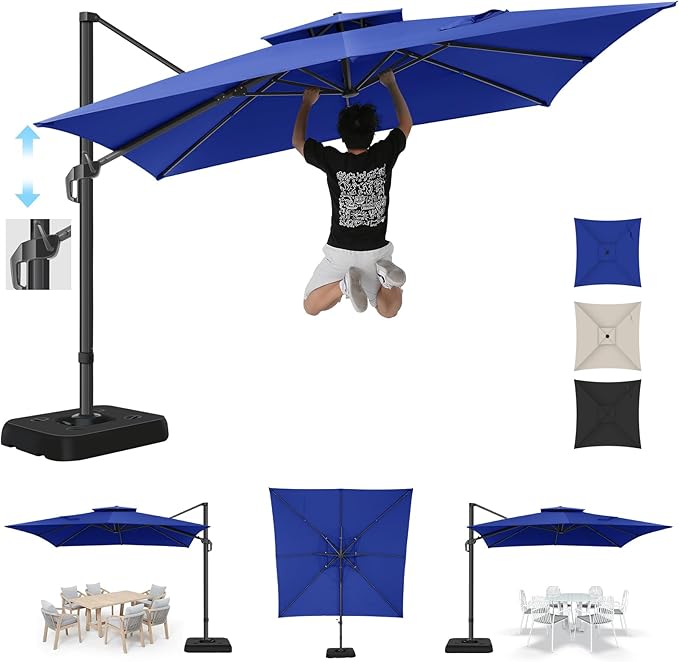 Hotime 10ft Patio Cantilever Umbrella Deck Offset Double Roof Umbrellas,sombrillas de patio Large Rectangular tilt umbrella with 360°Rotation&Heavy-Duty Aluminum Frame,for Poolside Garden,Dark Blue