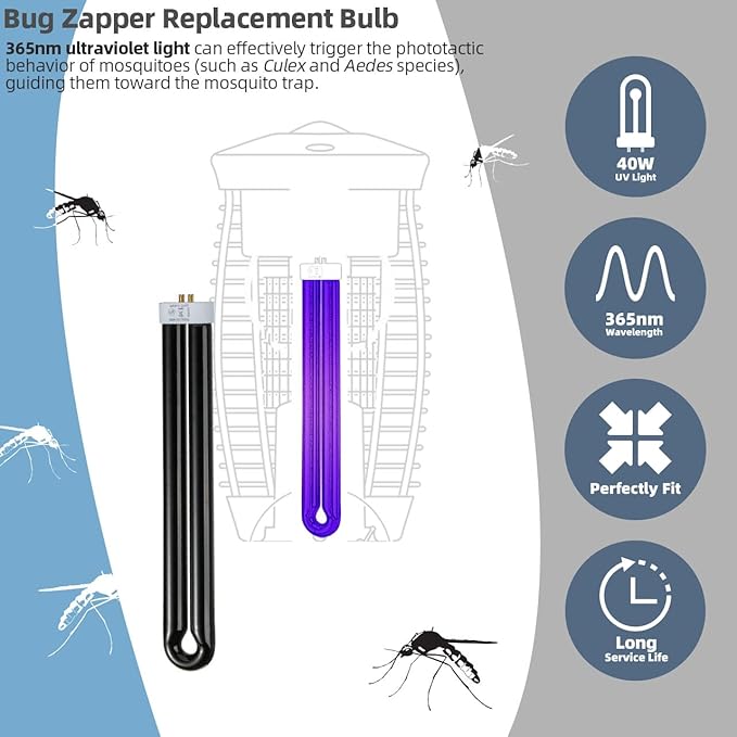 BB-40blk 40W Bug Zapper Light Bulb Compatible with Black Flag Model BZ-40BLK, BZ-40DX, BZ-40MAX, and Stinger Model B4045-4 UVB45 Bug Zapper with 4-Pin Base, 2 Pack