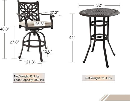 MFSTUDIO 3 PCS Retro Cast Aluminum Patio Bar Set with 2 Swivel Bar Height Stool and 1 Bar Round Table, All Weather Resistant Outdoor Table and Chairs Set