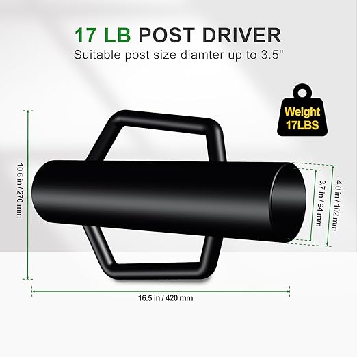 Fence Post Driver with Handle,17LB Hand Post Pounder,3.7 inches Inner Dia. Pole Rammer, Farm Wire Fencing for T Post, U-Channel Sign and Wooden Post, Black